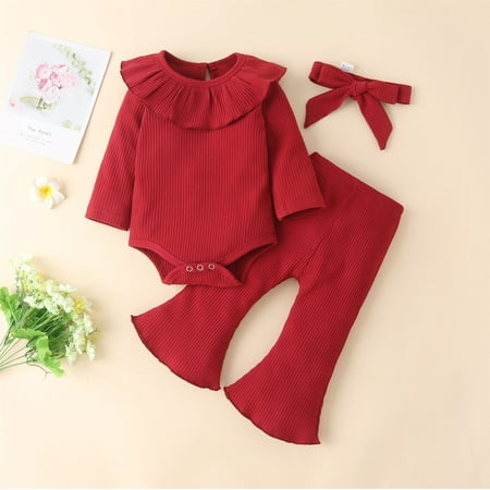 

Hunpta Newborn Infant Baby Girls Long Sleeve Ribbed Ruffle Romper Tops Flared Pants Headband 3PCS Outfits Clothes Set