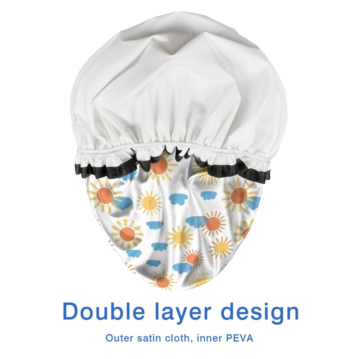 Shower Caps,White Sun Cloud Pattern Waterproof Shower Cap for Women 4 Pieces,Double Reusable Hair Cover for Shower PEVA Elastic Stretch Hem