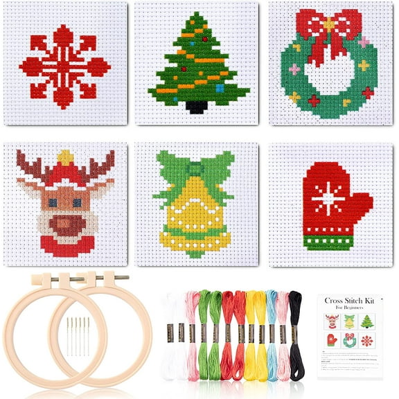Christmas Cross Stitch Beginner Kits for Kids 7-13, Includes 6pcs Project Cross Stitch Pattern and 2pcs Hoops, 14 Skeins Embroidery Floss, Needle Point Starter Kit Sewing Set with Instructions