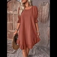 thumbnail image 4 of Vestido Corto Holgado con Mangas Abullonadas, Bajo con Volantes, Cuello Redondo y Fruncido, Bordado en Rojo Talla S, 4 of 10