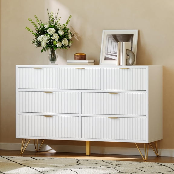 7 Drawer Dresser, 47.2" W Modern White Dresser for Bedroom, Wooden Chest of Drawer with Gold Metal Legs and Handles, Narrow Entryway Table Storage Organizer for Living Room, Hallway, Entryway,White