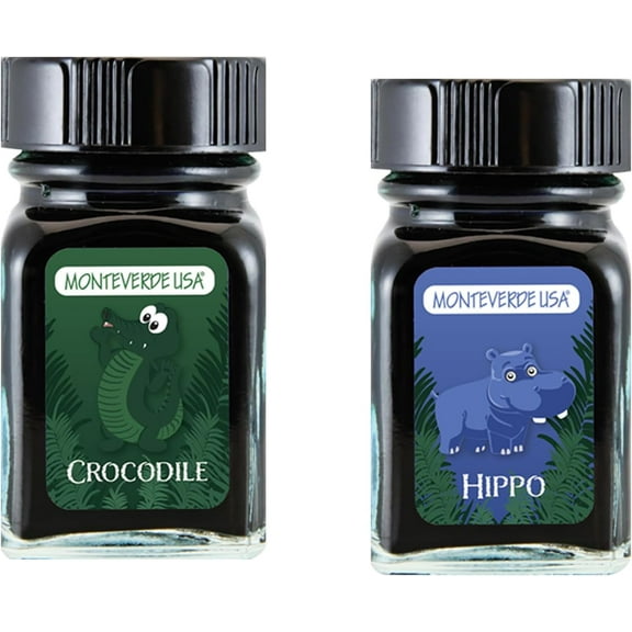 Monteverde 60ml Ink, Crocodile (Green), Hippo (Dark Blue) Jungle Ink (G309CR, G309HI) Fountain Pen Ink (30ml Each Ink Bottle, 2 Pack)