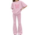 thumbnail image 2 of EnJoCho Girls 2 Piece Outfits Kids Cute Bow Short Sleeve Top Long Flare Pants Bell Bottoms Set Summer Athletic School Clothes Little Girls Linen Short Sleeve Pants Outfit, 2 of 5