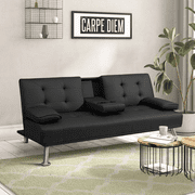 Lacoo Modern Faux Leather Convertible Futon with Cup Holders & Pillows, 65 Black