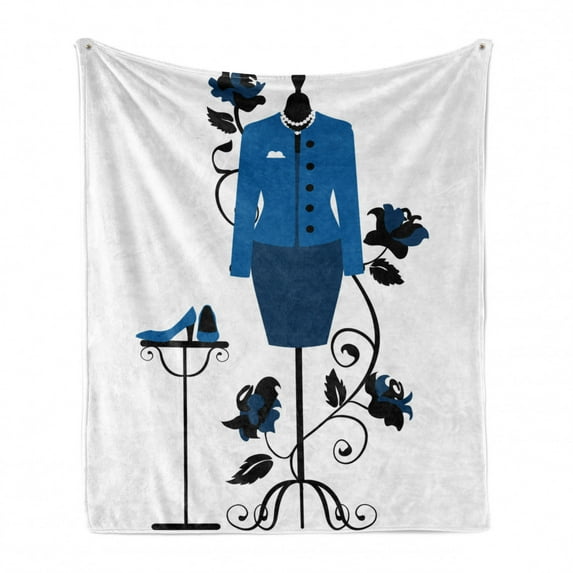 Heels and Dresses Soft Flannel Fleece Throw Blanket, Mannequin in Tailor's Shop with Blooming Flower Retro Classical, Cozy Plush for Indoor and Outdoor Use, 50" x 60", Blue Black White, by Ambesonne