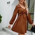 thumbnail image 4 of IROINNID Long Sleeve Dress for Women Long Sleeve Solid Color V-Neck Short Skirt Dress Deals,Brown, 4 of 6
