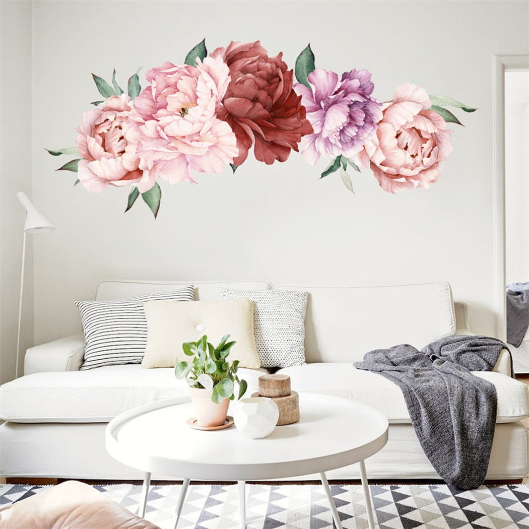 Large Pink Peony Flower Wall Sticker Living Room Home Decors Mural Art DIY Decal
