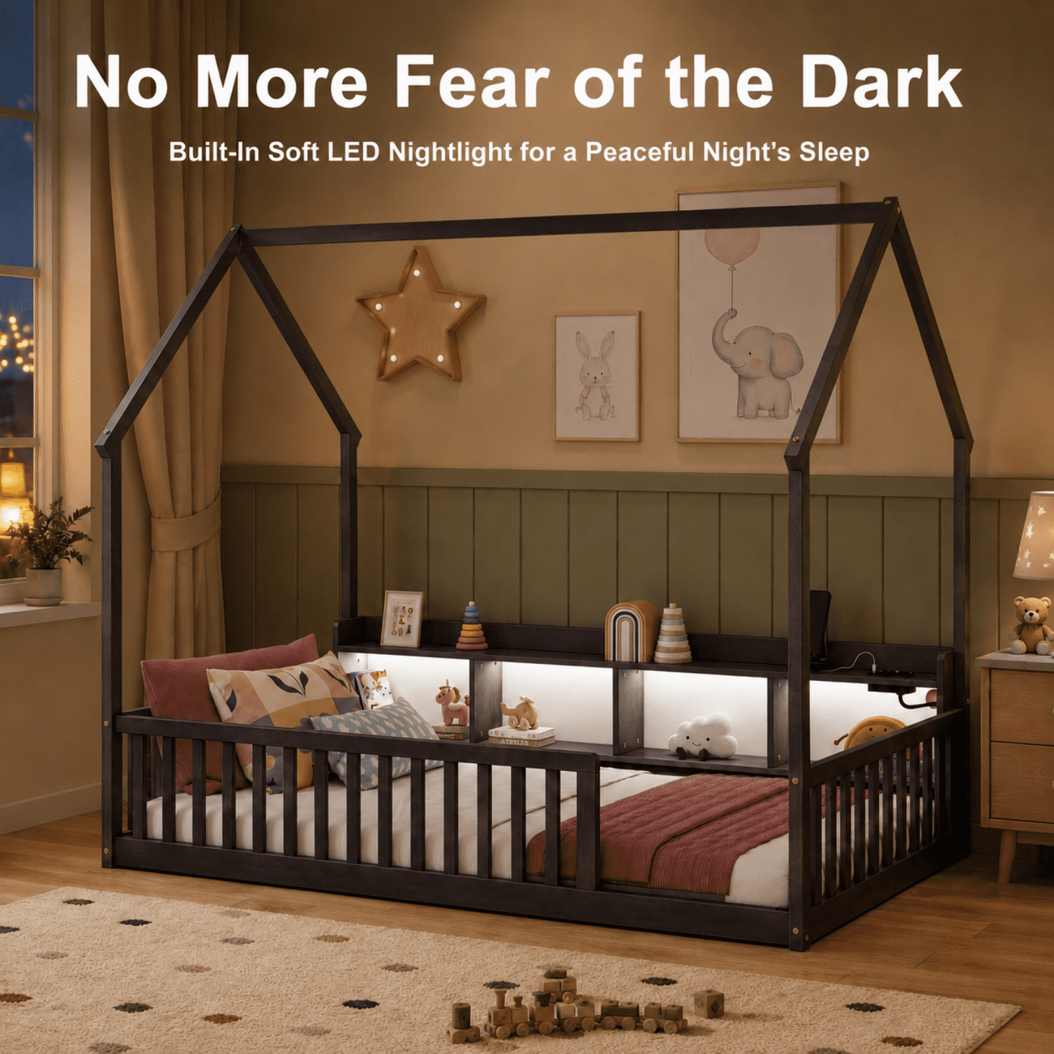 Miniyam Twin House Bed for Kids, Floor Bed with Storage, LED, Charging Station, Espresso