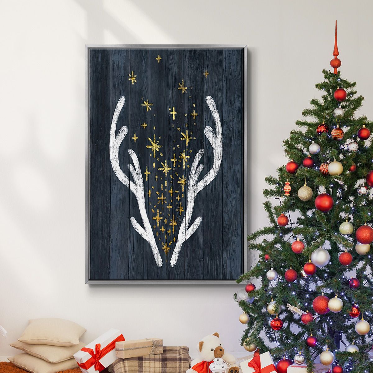 Antlers & Magic - Framed Gallery Wrapped Holiday Canvas - 25 x 37 - Silver Frame