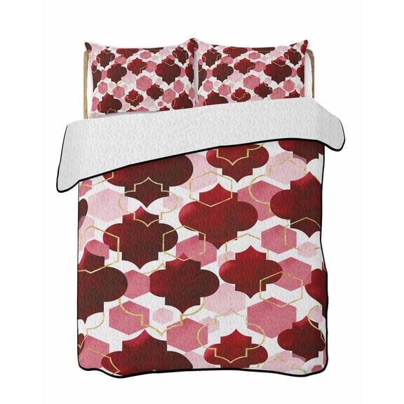 Full Size Quilt Bedding Set, Red Geometric Moroccan Reversible Summer Quilt 3 Pieces, Abstract Art Red Ombre Modern Lightweight Bedspreads Coverlets with 2 Pillow Shams for All Seasons