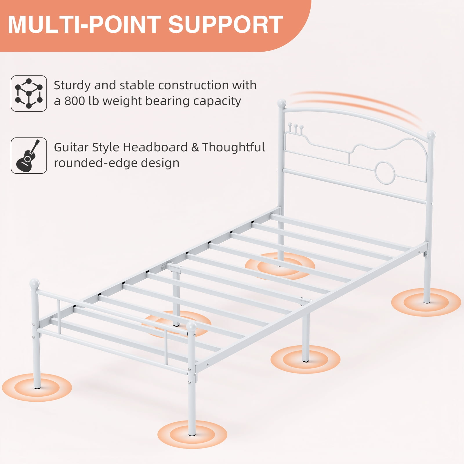 Yoneston Twin Size Platform Bed with Guitar Headboard Heavy Duty Metal Bed Frame for Boys Kids Teens Bedroom Furniture, White