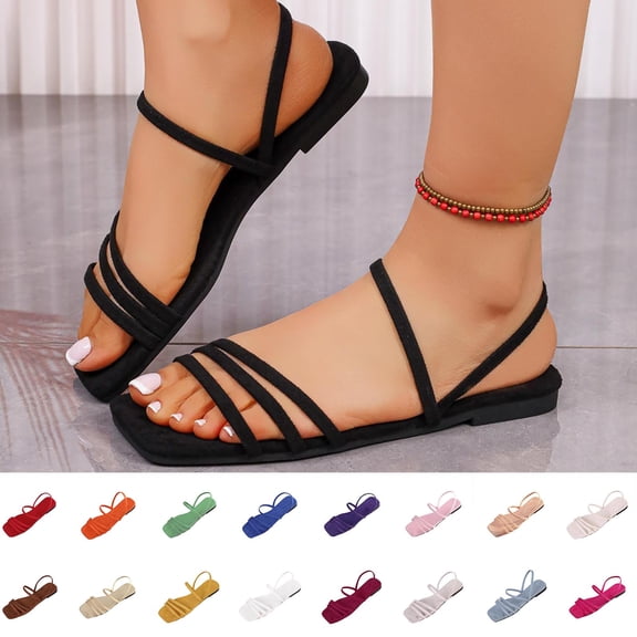 Dressy Womens Sandals Summer Comfortable Suede Strappy Square Toe Flats Sandals Women - Casual Walking Woman Shoes Yellow 9.5(43)