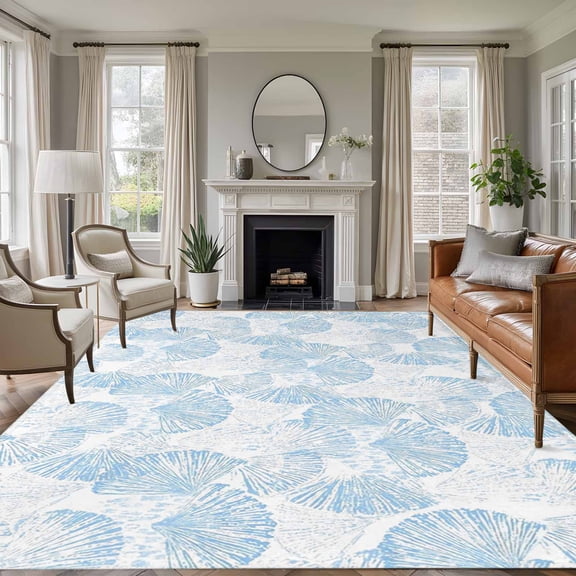 Ocean Shell Area Rugs 8'x10', Washable Small Throw Rugs for Living Room Patio, Summer Coastal Seashells Texture Light Blue Indoor Outdoor Rug Non-Slip Low Pile Carpet Runner Reversible Floor Mats