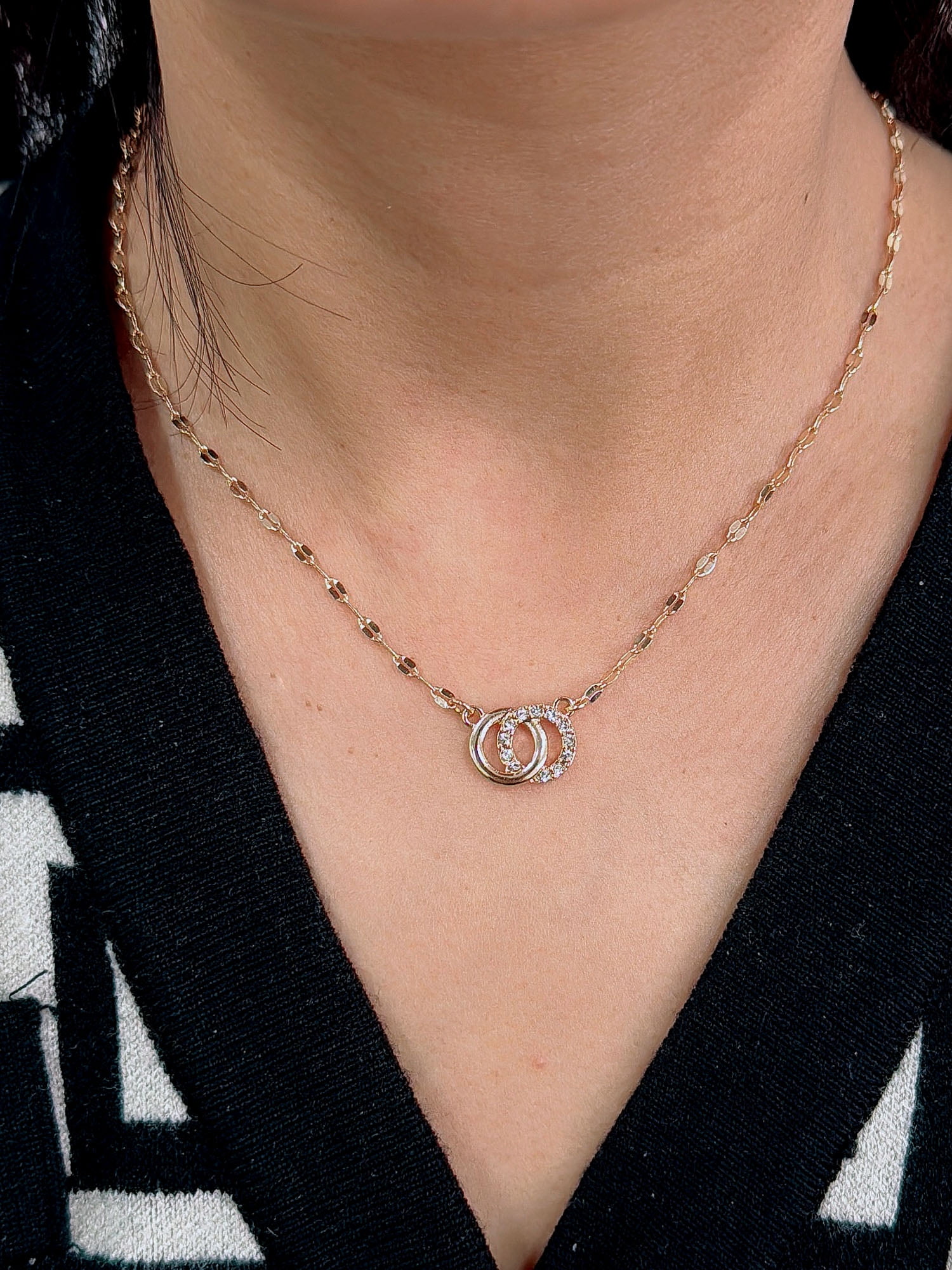 Time and Tru Interlocking Circles with Stones Earrings and Necklace 2 Piece Set Gold Plated for Female Adults and Teens