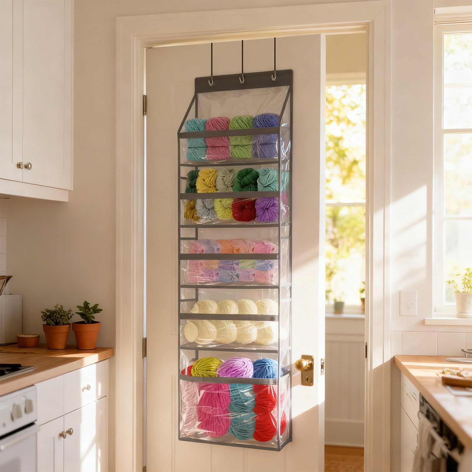 6 Compartment Door-mounted Yarn Storage Rack with Zippered Pockets and Large Capacity for Knitting Supplies and Craft Accessories