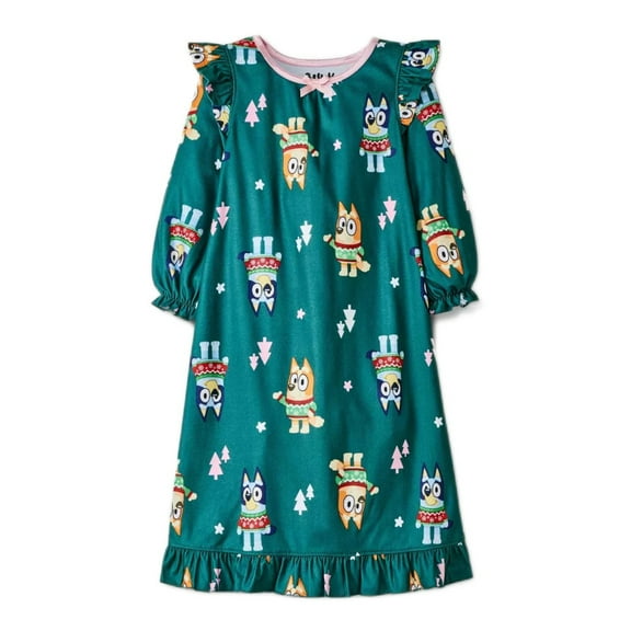 Bluey and Bingo Toddler Girl's Christmas Flannel Nightgown in Green (Size 5T)