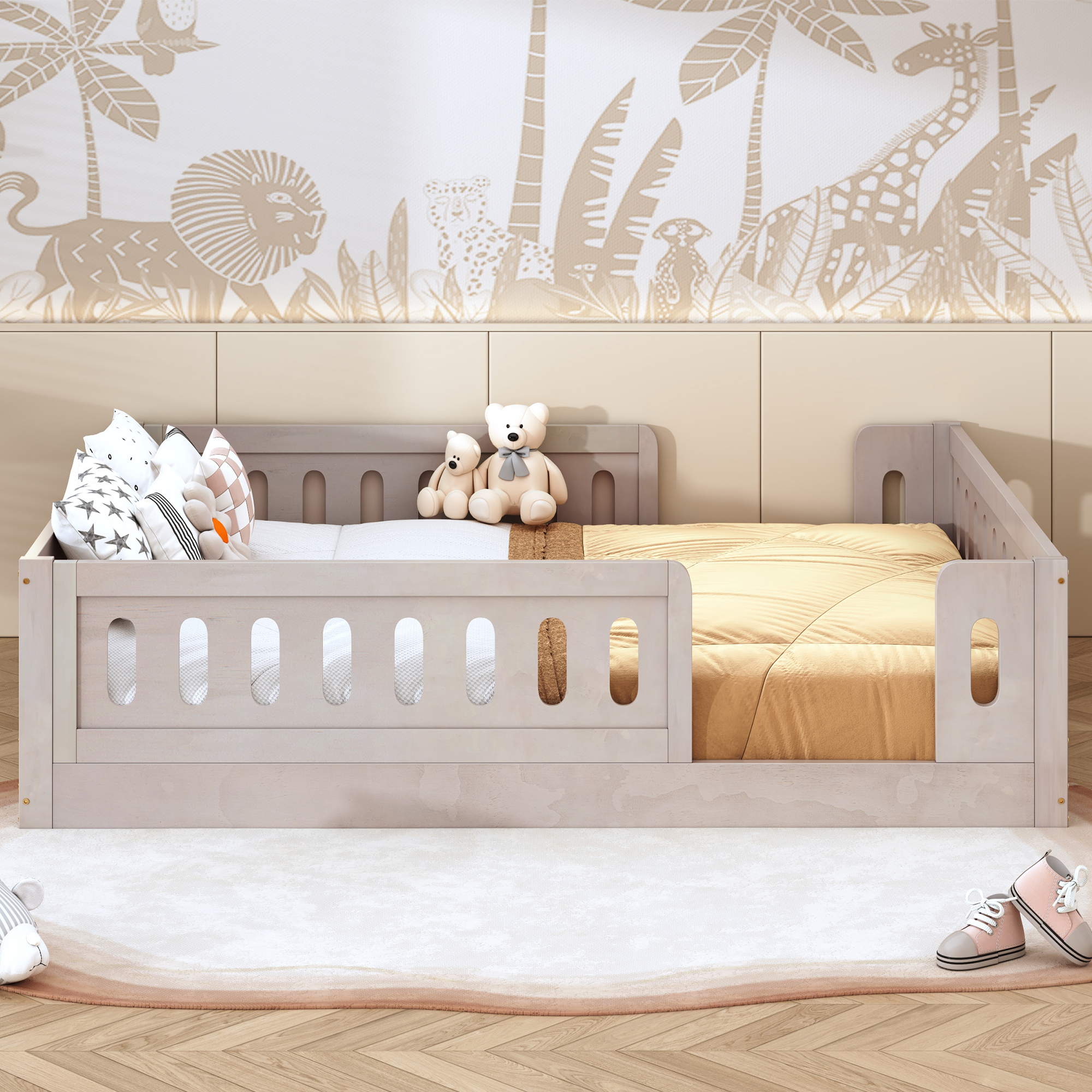 Euroco Wood Full Size Platform Bed with Guardrail for Toddler and Kids Teens, Natural