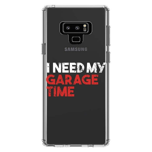 DistinctInk Clear Shockproof Hybrid Case for Samsung Galaxy Note 9 - TPU Bumper Acrylic Back Tempered Glass Screen Protector - I Need My Garage Time