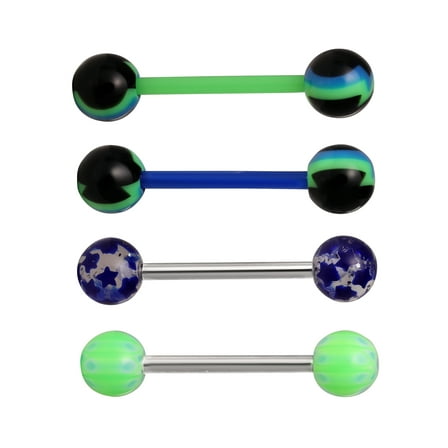 Body Jewelry Women's Stainless Steel 14 Gauge Assorted Barbell Tongue Rings, 4 Pack