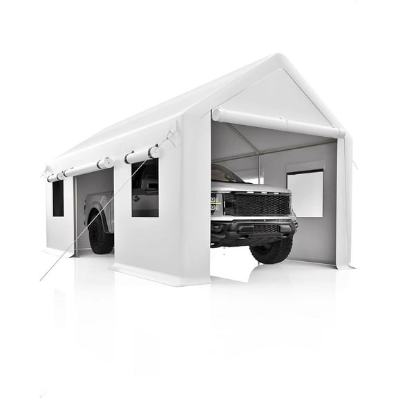 Lumiparty Heavy Duty Carport 10x20ft, Portable Garage with Roll-Up Windows, Removable Sidewalls & Doors, for Car, Boat, Truck, Motorcycle, White