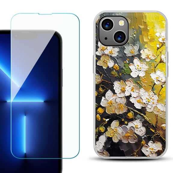 Slim-Fit TPU Phone Case for iPhone 14 Plus, with Tempered Glass Screen Protector, by OneToughShield ® - Plum Flower