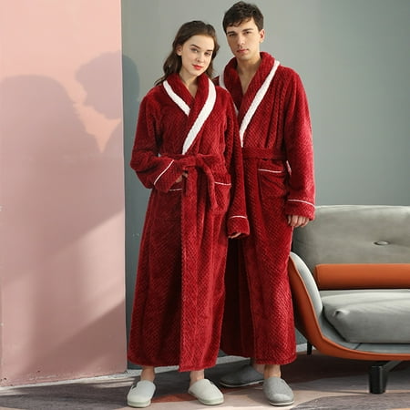 

Unisex Bathrobe Pocket Breathable Flannel Long Splicing Soft Sleepwear SPA Robe