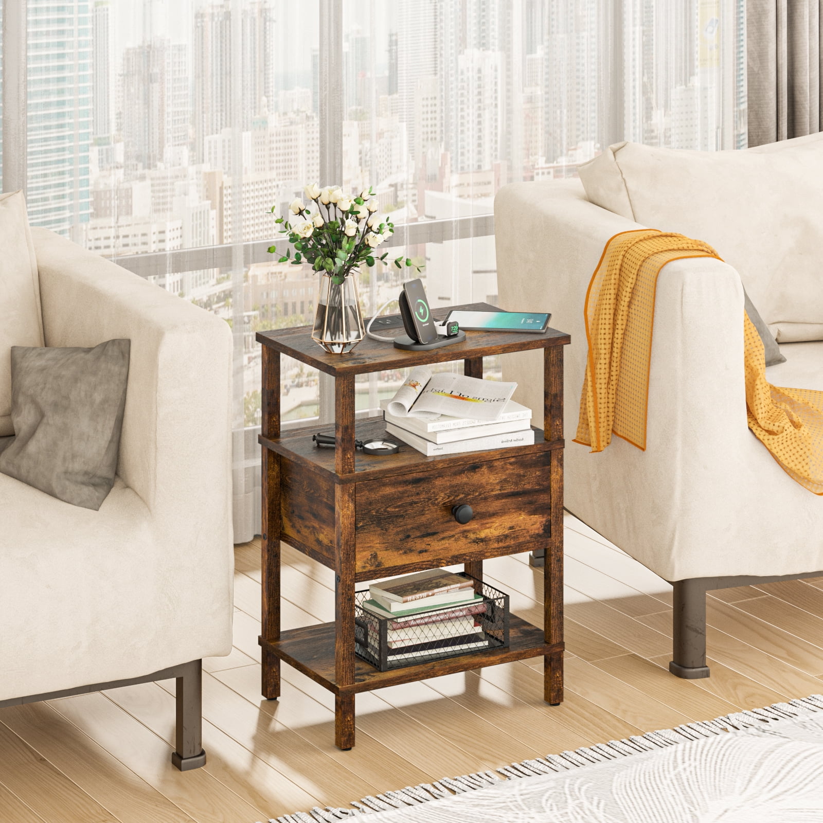LEYAOYAO 3-Tier Side Table with Charging Station, End Table with 2 Outlets & 2 USB Ports, for Living Room, Rustic Brown
