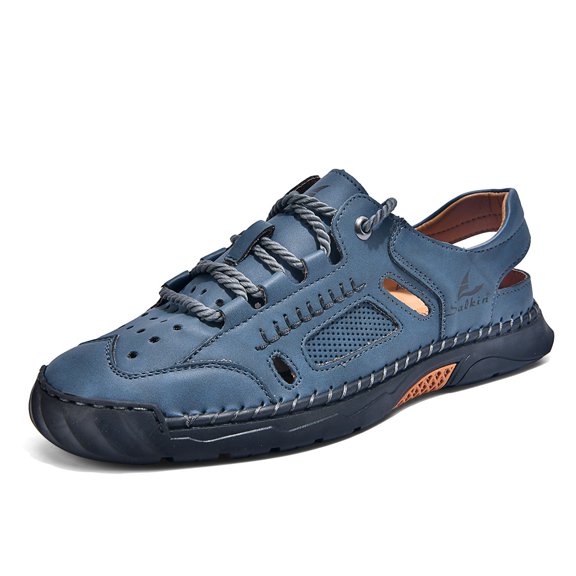 Men's Closed Toe Hollow Leather Hand-Stitched Outdoor Back Strap Sandals