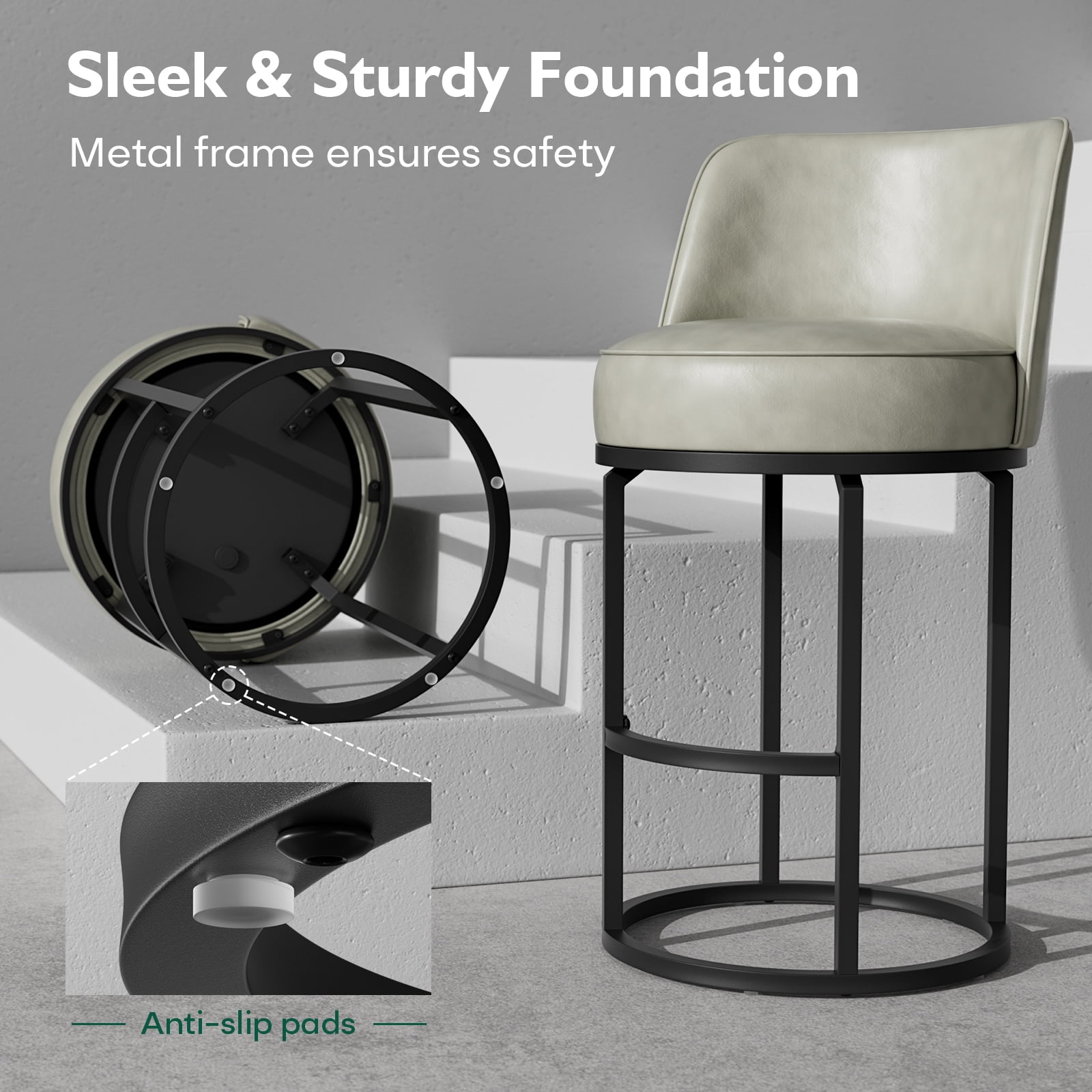 Genpo Bar Stools Set of 2, 26 inch Counter Height Bar Stools, Swivel Gray Leather Barstools with Backs, Round Base, Footrest, Metal Legs for Kitchen Island