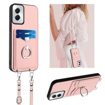 ELEHOLD for Moto G Power 5G 2024 Wallet Case,Soft PU Leather 360°Rotation Ring Kickstand Card Holder Anti-Drop Shockproof Protective Case with Crossbody Strap for Moto G Power 5G 2024,Rosegold