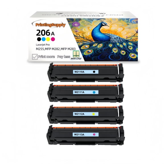 4 Pack New High-Quality Black Cyan Magenta Yellow Toner cartridge with Chip For 206A W2110A - W2113A Compatible For Use With Color LaserJet Pro M255dw M255nw MFP M282nw 283fdn 283cdw 283fd