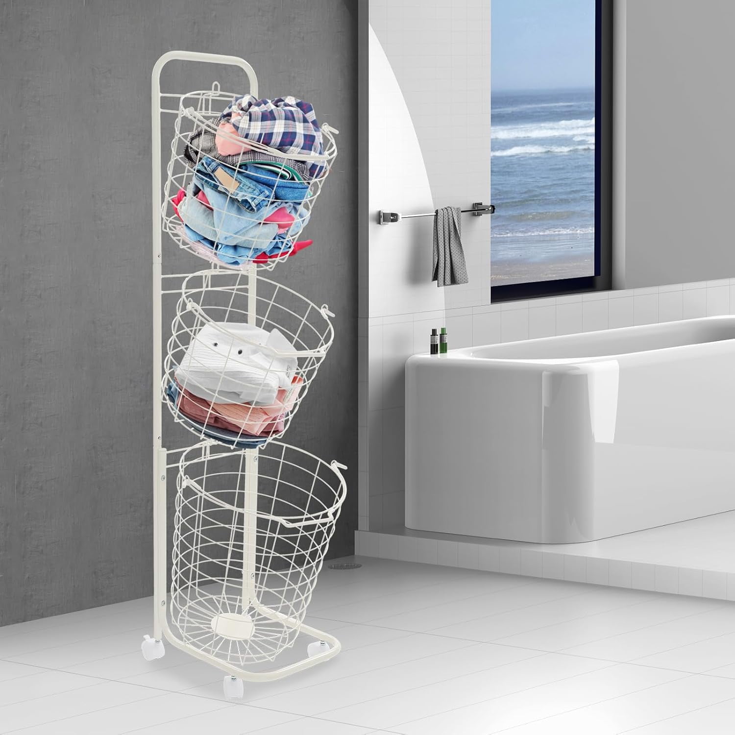 Miumaeov 3 Tier Laundry Hamper, Metal Standing Laundry Baskets, Removable Sorter Storage Trolley Shelf Basket with 4 Universal Wheels
