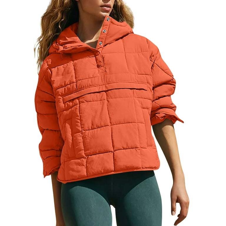 SKSloeg Womens Jackets Lightweight Trendy Button Down Puffer Jacket Quilted  Hooded Solid Color Long Sleeve Winter Pullover Jacket Lightweight Outerwear  with Pockets Saffron L 