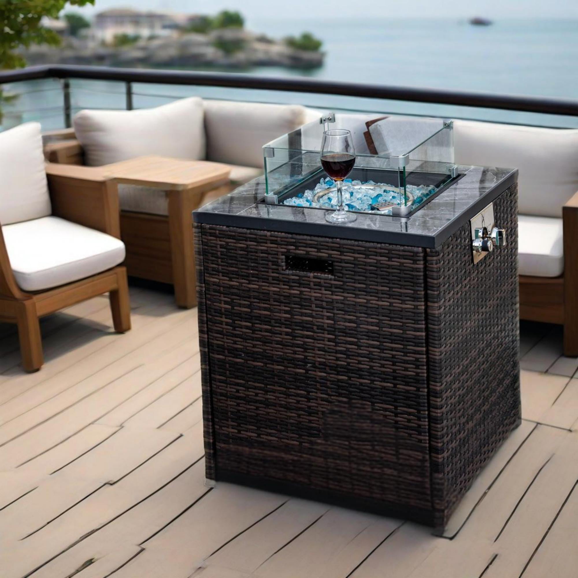 E-Western 24-Inch Propane Gas Fire Pit Table with Wicker Base BTU 50000 Includes Windshield for Outdoor Patio Garden Deck