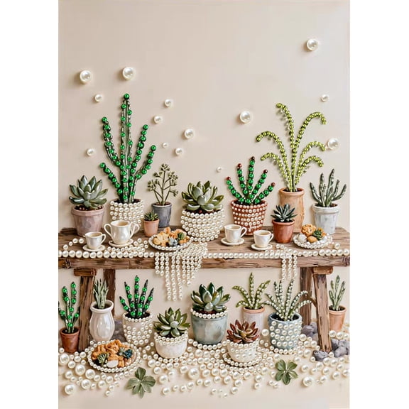 Succulent Pearl Diamond Art Kits for Adults, Plant Diamond Painting Kits for Beginners, 5D DIY Special Shape Pearls Gem Art Craft for Home Wall Decor 12x16in