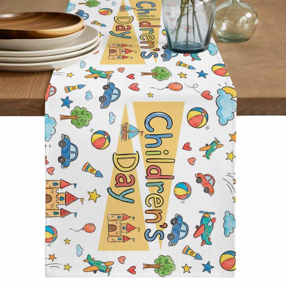 Children's Day Table Runner 72 Inches, Car Tree Stars Cartoon Modern Art Bed Runner Dresser Scarves Tabletop for Indoor Outdoor Parties/Ceremony/Banquet, 16" x 72"