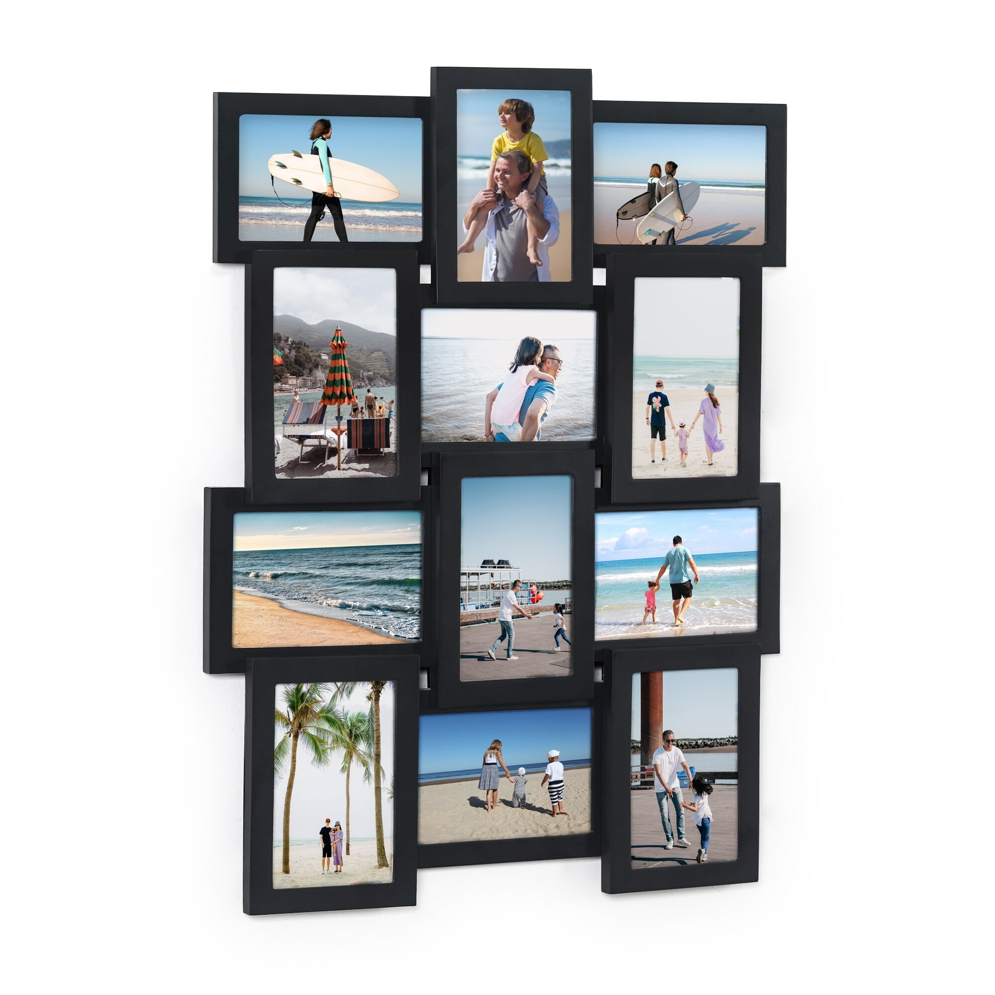 Adeco Decorative Black Wood Wall Hanging Collage Picture Photo Frame, 12 Opening