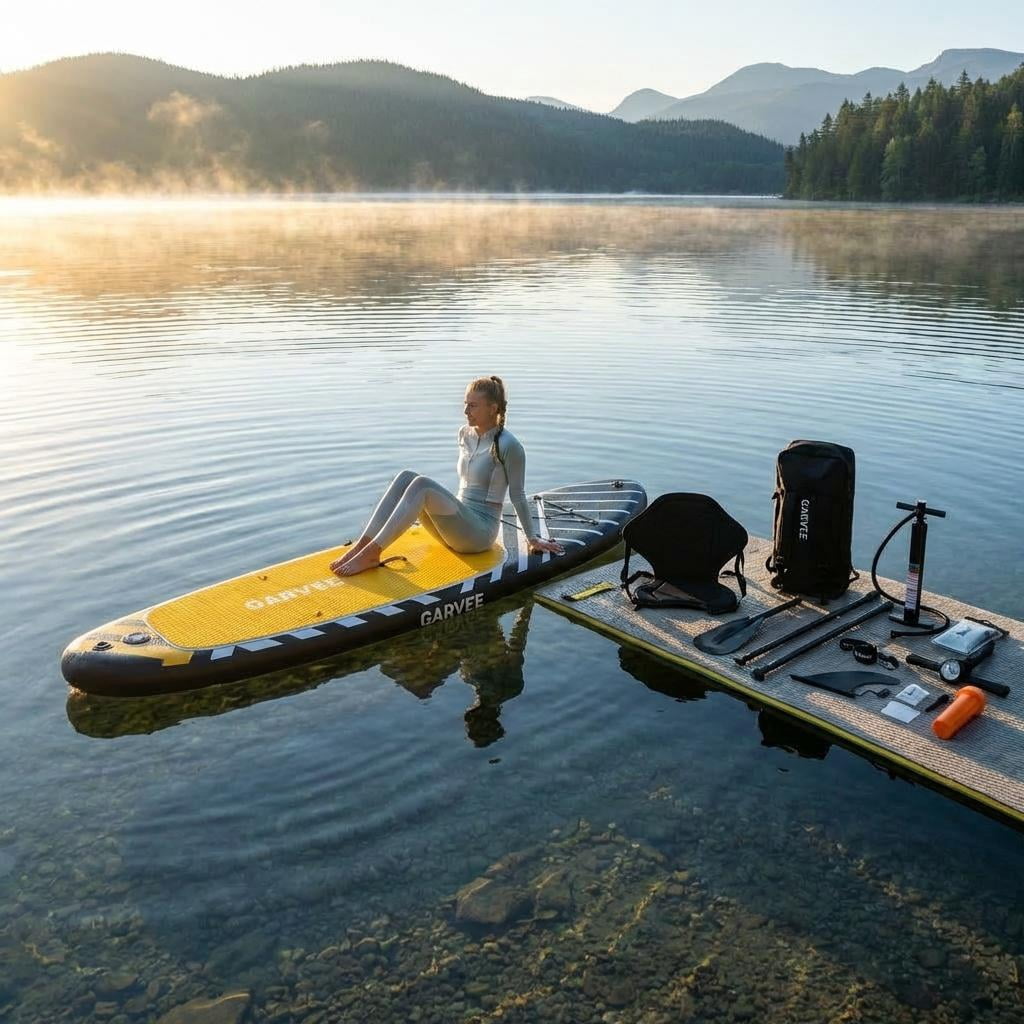 Garvee 12ft Inflatable Stand Up Paddle Board with Premium SUP Accessories,400 lb Capacity,Black