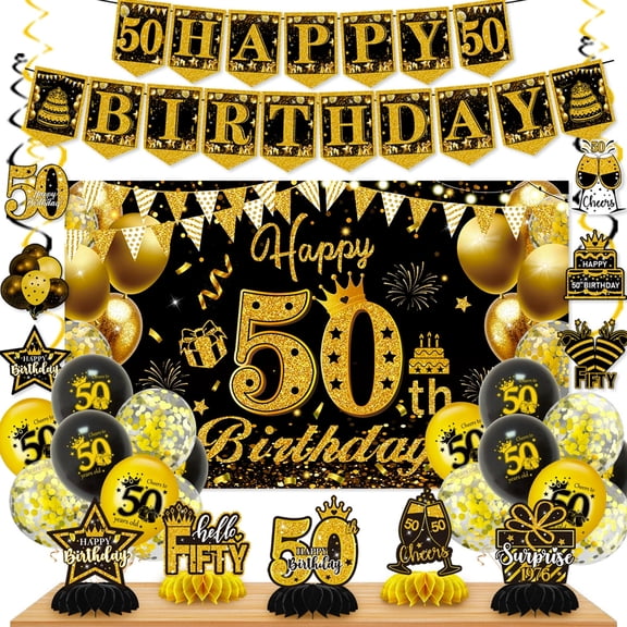 Forfamy 50th Birthday Decorations for Him Her,  Black Gold 50th Birthday Party Supplies with Balloons, Backdrop, 50th Anniversary Decorations de Cumpleaños para Hombre for Men Women