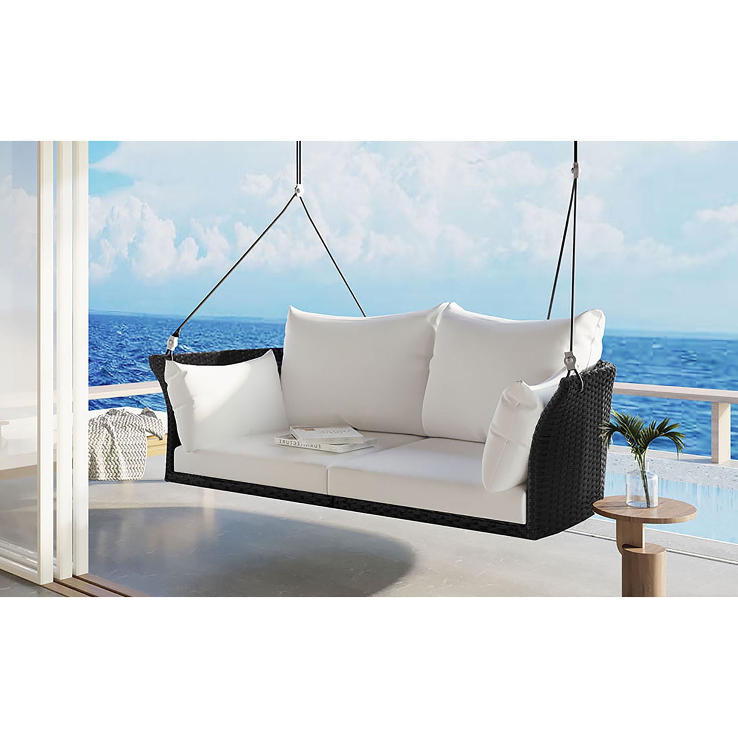 Kadyn 51.9" 2-Person Hanging Seat, Rattan Woven Swing Chair with Ropes, Gray Wicker and Cushion, Porch Swing Chair for Outdoor, Black White Kadyn 51.9" 2-Person Hanging Seat, Rattan Woven Swing Chair with Ropes, Gray Wicker and Cushion, Porch Swing Chair for Outdoor, Black White