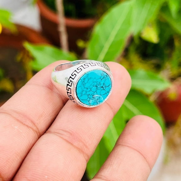 Classic Turquoise Signet Ring for Men – Round Turquoise 925 Sterling Silver Ring | Matte Finish, Engagement or Statement Jewelry