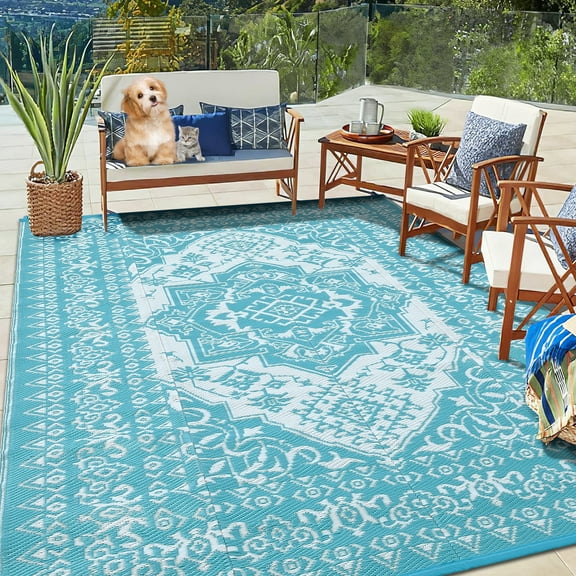 ZACOO Outdoor Reversible Mats Geometric Plastic Straw Rug Waterproof 9x12 Feet Reversible Patio Rug Outdoor Camping Rug for Beach, Blue/White