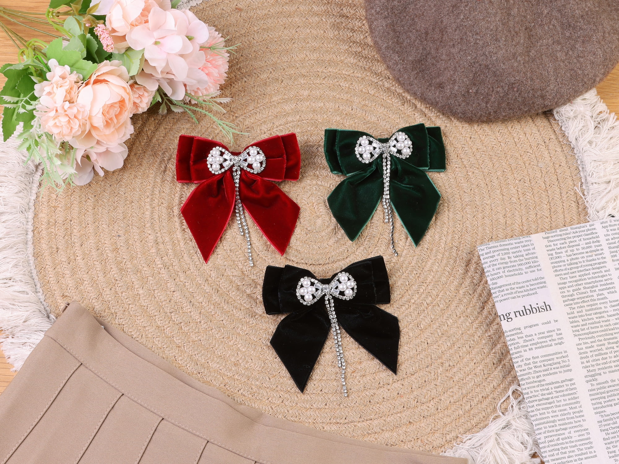 DARING DIVA Women's Velvet Faux Pearl Rhinestone Bow Tie Black