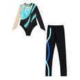 thumbnail image 3 of iEFiEL Kids Girls Gymnastics Dance Outfit Long Sleeve Metallic Contrast Leotard with Striped Pants Ice Skating Outfit Turquoise 6, 3 of 5
