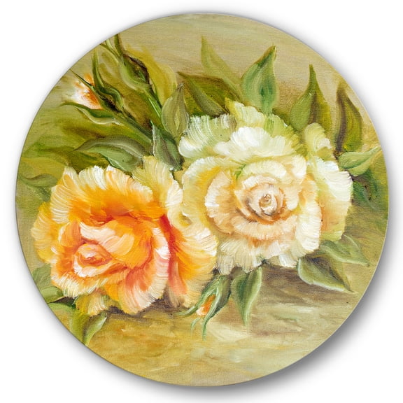Designart 'Vintage Yellow and White Roses' Traditional Circle Metal Wall Art 36x36 - Disc of 36