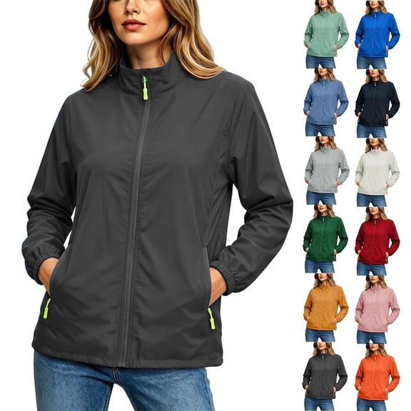 Waterproof Rain Jackets for Women Plus Size Stand Up Collar Zipper Hoode Thin Casual Outdoor Jacket