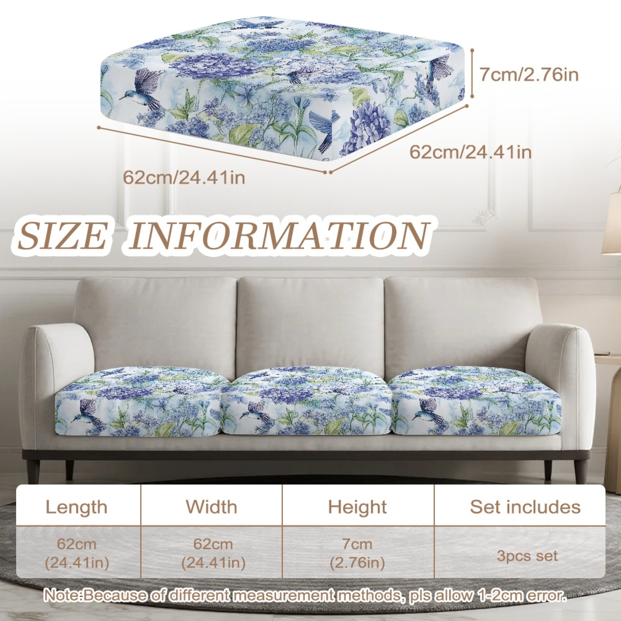 TSOVTHRID Hydrangea Floral Hummingbird Print Sofa Cushion Cover, Sofa Seat Covers Couch Cushion Sofa Slipcovers Stretch Couch Cushions Furniture Protector with Elastic Bottom