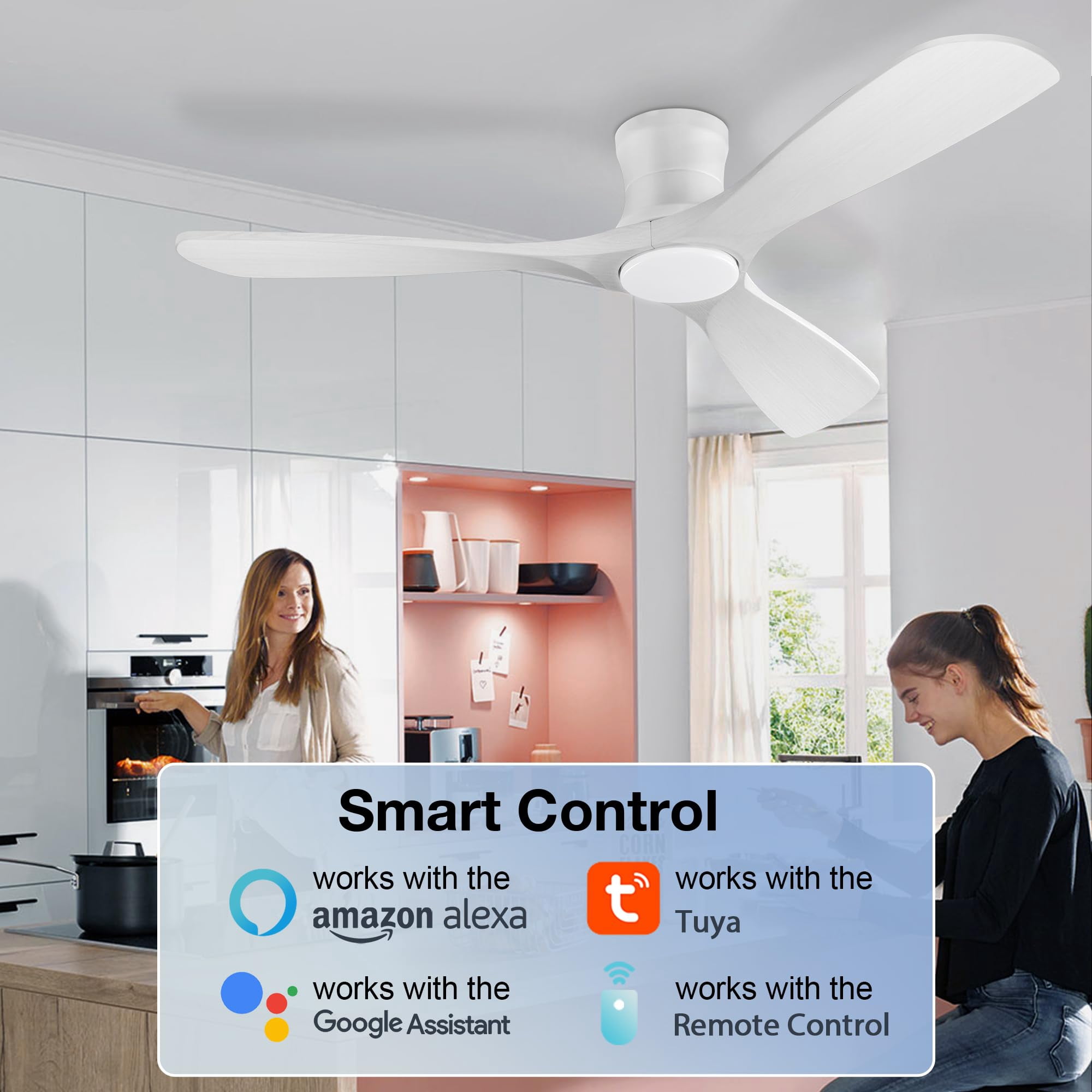 52 Inch Wood Smart Flush Mount Ceiling Fans with Lights and Remote,Quiet DC Motor,Outdoor Indoor Ultra Low Profile Ceiling Fan works with Alexa WIFI APP