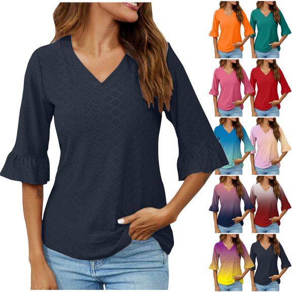 DDAPJ pyju 3/4 Length Sleeve Womens Tops Dressy Casual Blouses for Women Trendy V Neck T Shirts Summer Clothes Ofertas relámpago Blue S