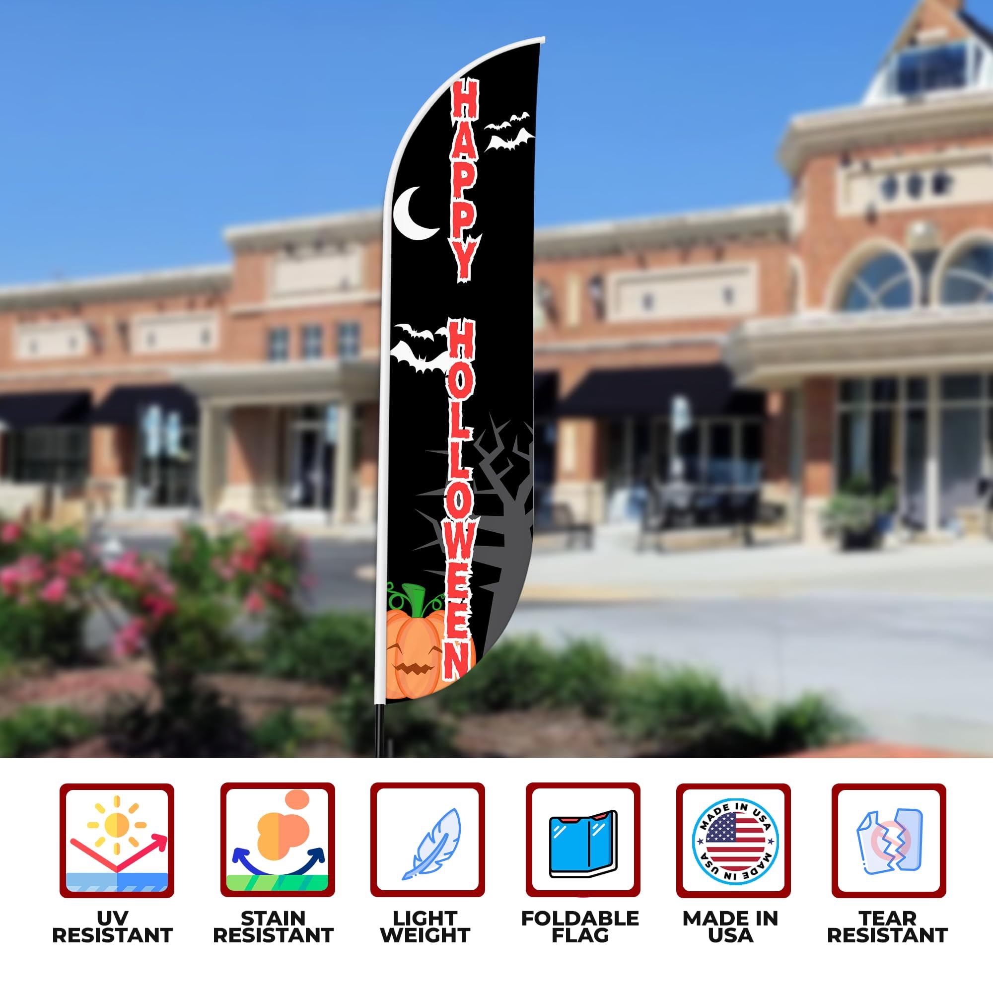 Happy halloween Sign feather flag Pole Kit for Outdoor by Mavis Printing | 15 FEET Long Polyester Outdoor Banner Flag Easy Hang|HD Print Swooper Flag Pole Mount to Celebrate Happy halloween